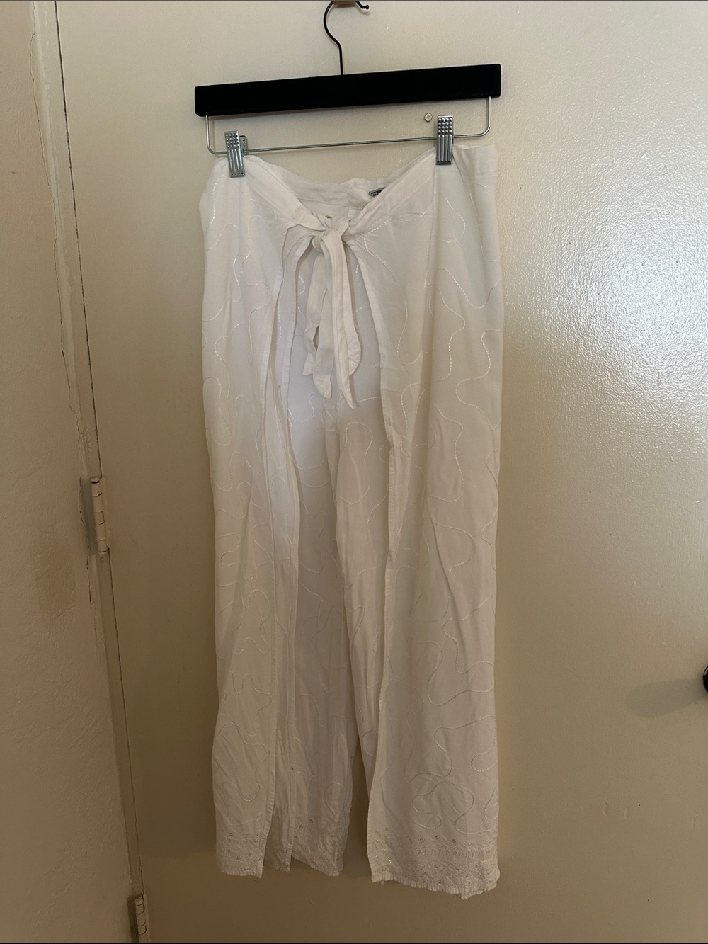 Rayon White Wrap Drawstring Beaded Embroidered Women's Pants Free Size